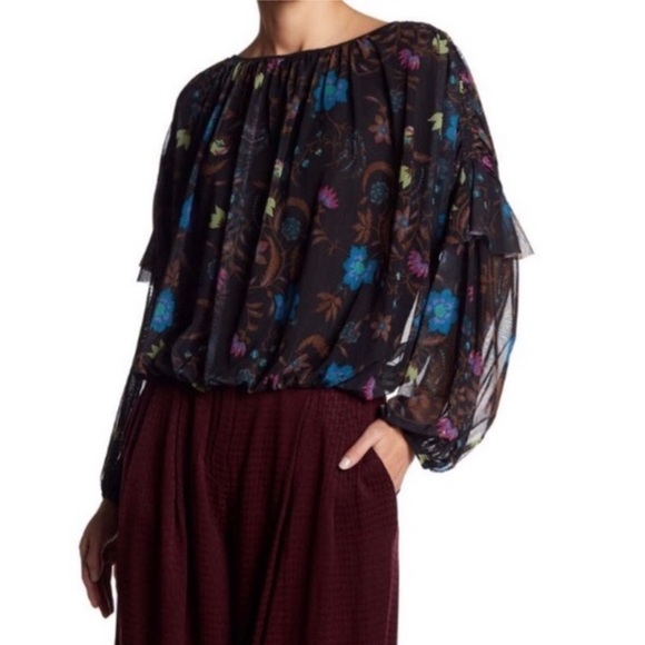Free People Tops - Free People Black Mesh Floral Boho Mesh Ruffle Top